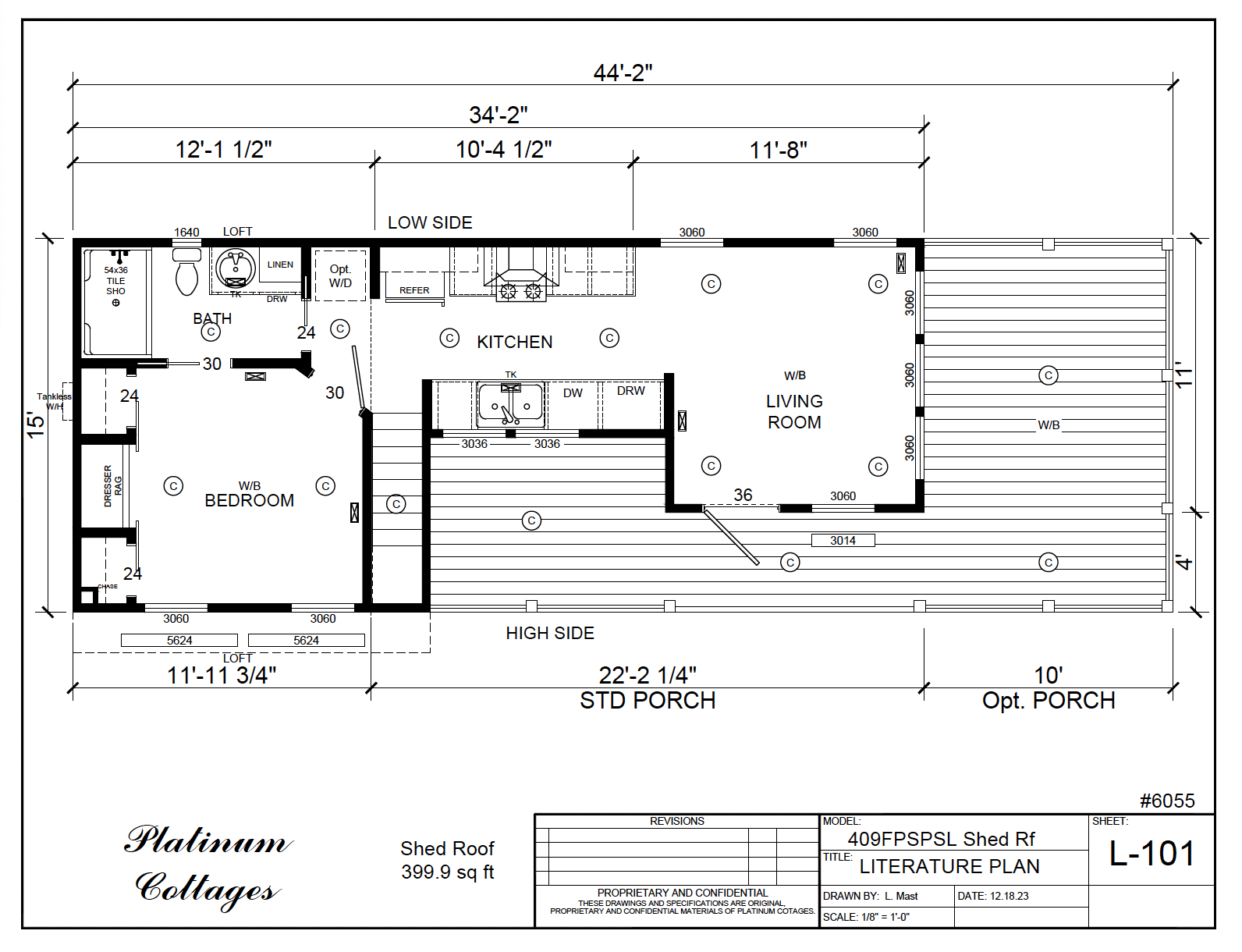409-FPSL Hummingbird Shed small home model by Platinum Cottages